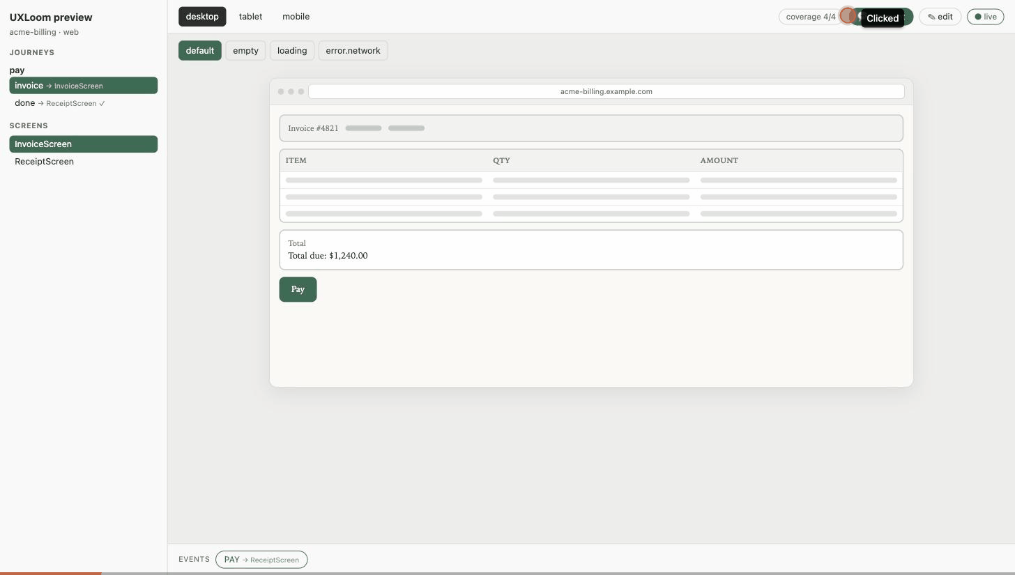 A reviewer pins a comment on the Pay button and clicks the arrow-to-agent action; the pin turns amber and a prompt appears to hand the comment to any AI agent, which reads the block, the contract, and resolves it